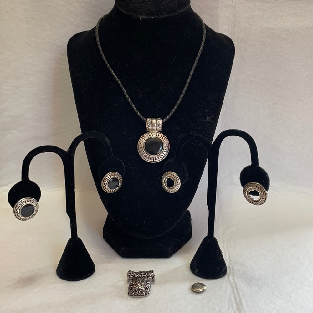 Premier Design braided leather necklace, 2 slide pendants, & 2 pr earrings